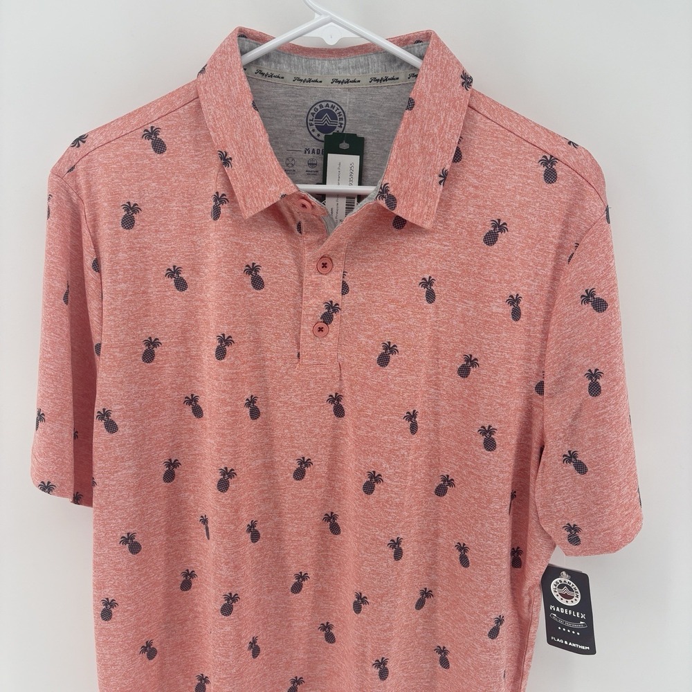 Flag & Anthem Mens M Montecito Pineapple Performance Polo NWT Coral Golf Shirt